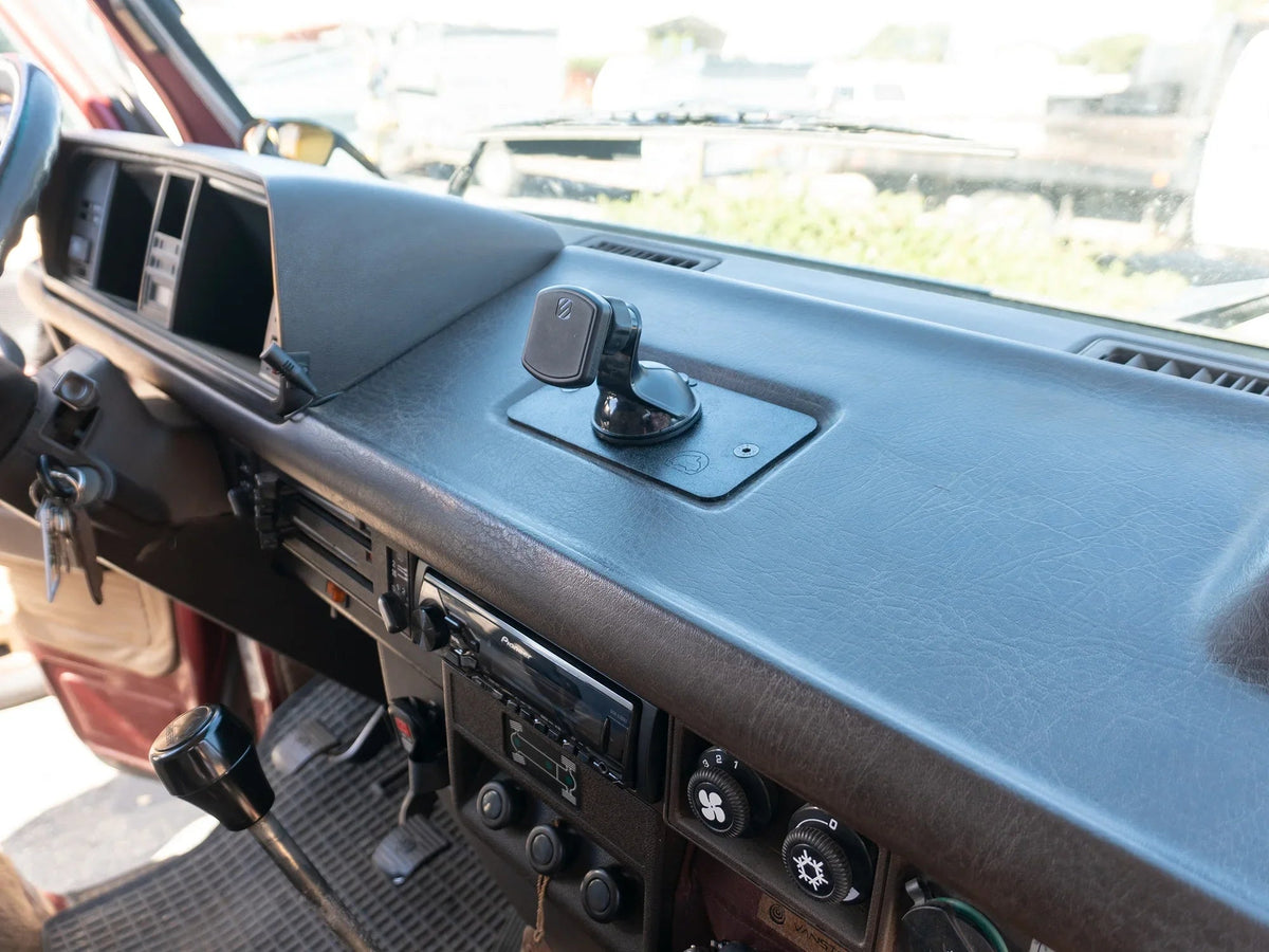 GoWesty Vanagon front ashtray delete kit showing the sleek, custom black cover designed for a clean interior look