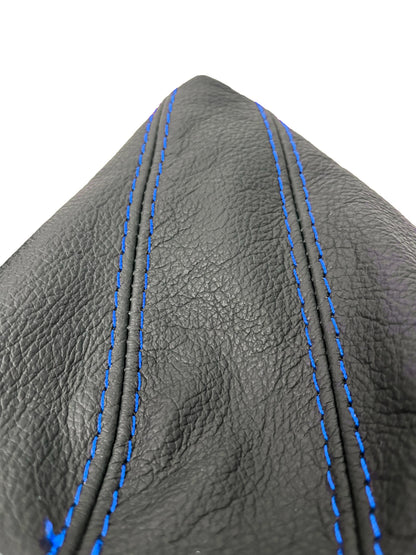 Genuine black leather gear shift and handbrake boot cover with blue stitching for BMW E91 E92 E93 (2005-2013).