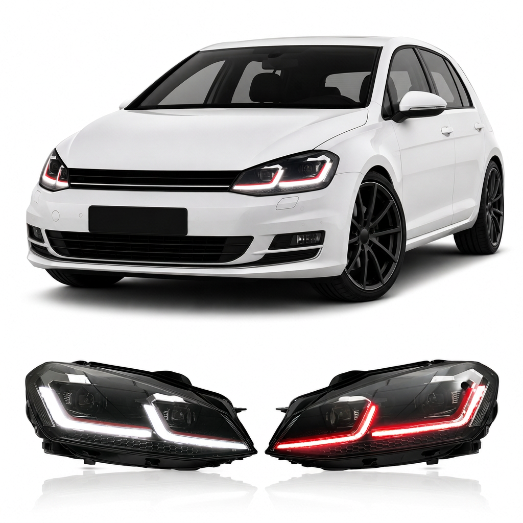 White Volkswagen car with two black car headlights displayed below on a white background