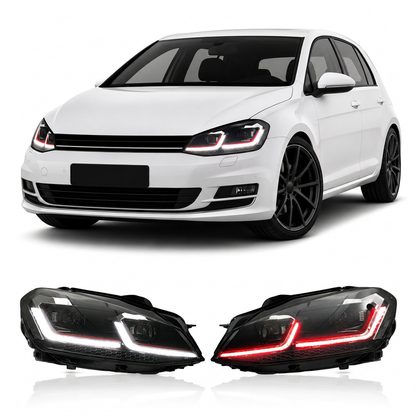 White Volkswagen car with two black car headlights displayed below on a white background