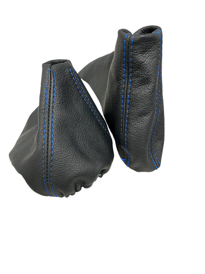 Black genuine leather shift and handbrake boot cover for BMW E91, E92, E93 2005-2013 by JTS Custom Upholstery.