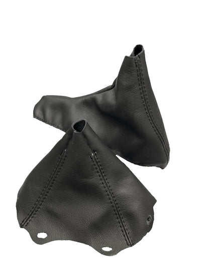 BMW F30 2014-2019 genuine leather and suede shift and handbrake boot cover set, installed on car interior with black finish.