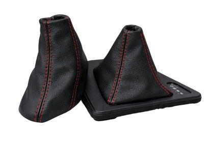 Red stitch leather shift boot cover for BMW E90 automatic parking brake and gear shift, by JTS Custom Upholstery.