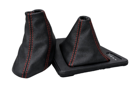 Red stitch leather shift boot cover for BMW E90 automatic parking brake and gear shift, by JTS Custom Upholstery.