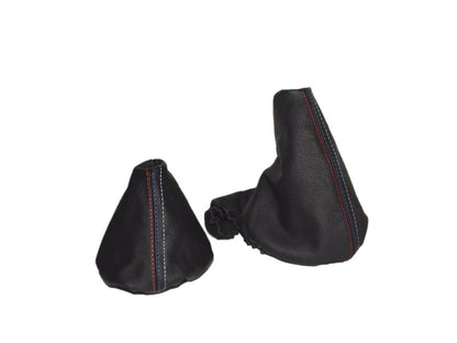 Leather shift and handbrake boot cover for BMW Z3 M3 E46, featuring M stitch design, compatible with 13-inch gear and e-brake levers.