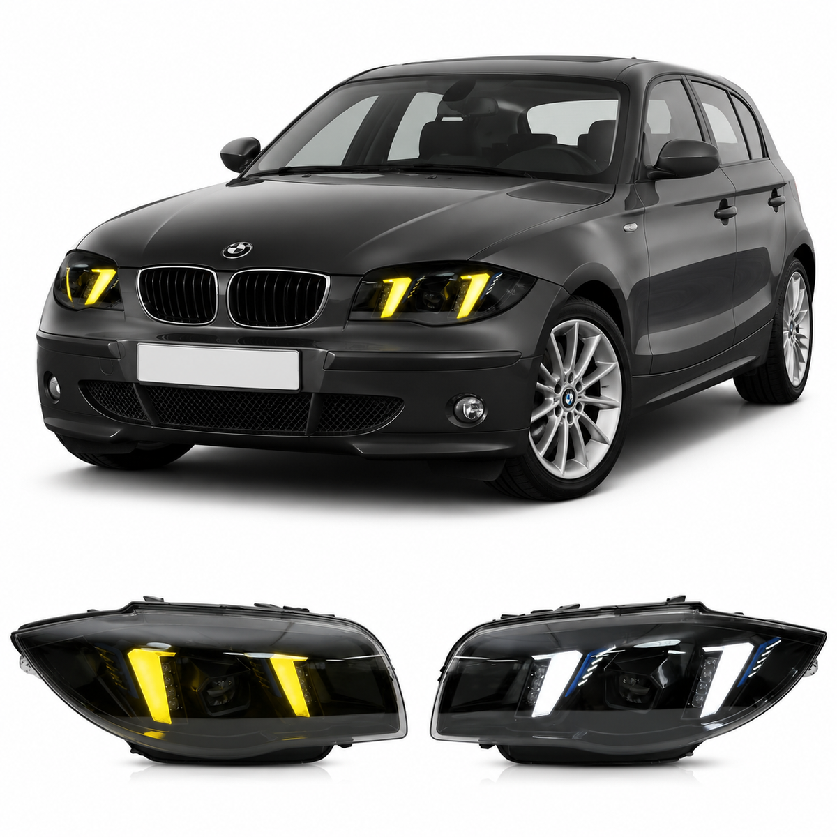 Vekto dual color LED headlights assembly for BMW 1 Series E87 E82 (2004-2011) with bright LED lighting and sleek design