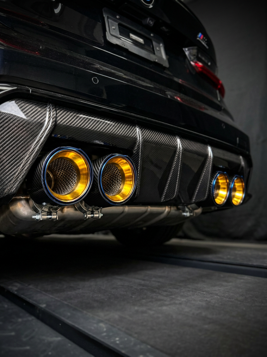 Set of four carbon fiber exhaust tips for BMW M series, featuring black finish and 60-80mm inlet size.