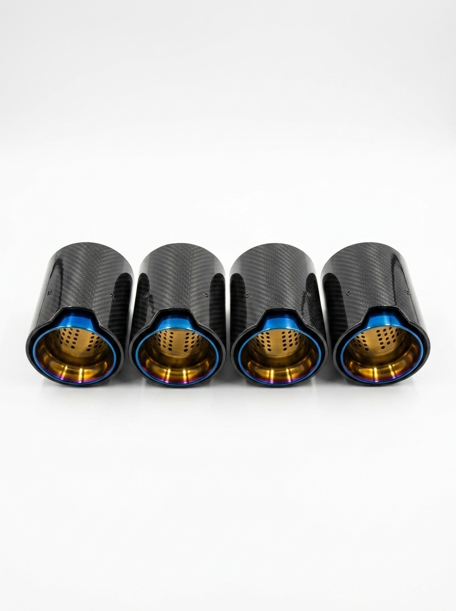 Set of four carbon fiber exhaust tips for BMW M series, featuring 60-80mm inlets, designed for F and G series models.
