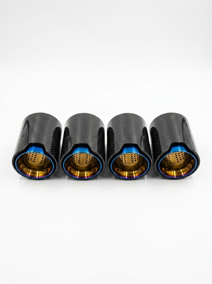 Set of four carbon fiber exhaust tips for BMW M series, featuring 60-80mm inlets, designed for F and G series models.