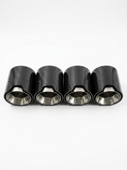 Set of four carbon fiber exhaust tips for BMW M series, 60-80mm inlet, from K2 Industries, designed for F and G series models.