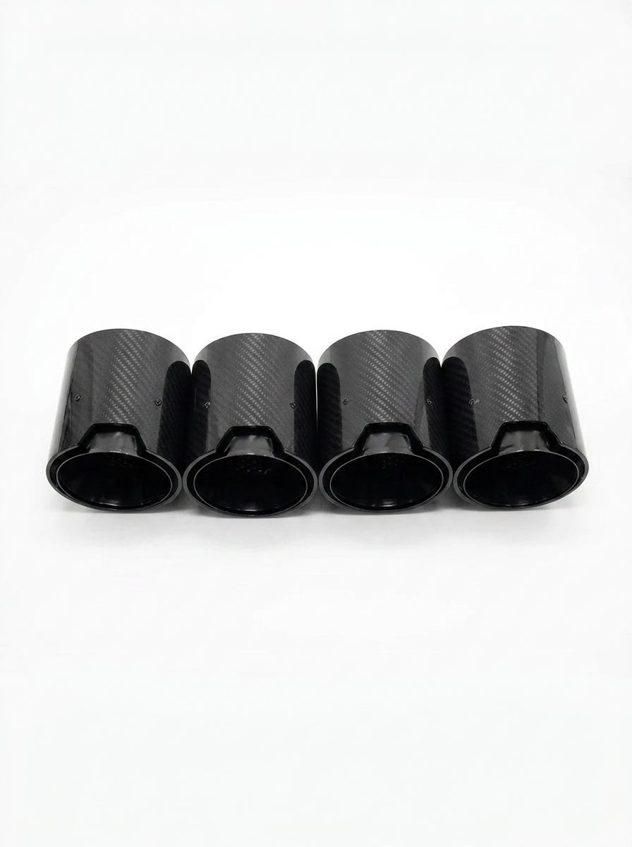 Set of four carbon fiber exhaust tips for BMW M series, 60-80mm inlet, designed for M2, M3, M4, M5, M6 models by K2 Industries
