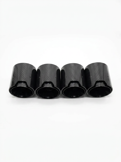 Set of four carbon fiber exhaust tips for BMW M series, 60-80mm inlet, designed for M2, M3, M4, M5, M6 models by K2 Industries