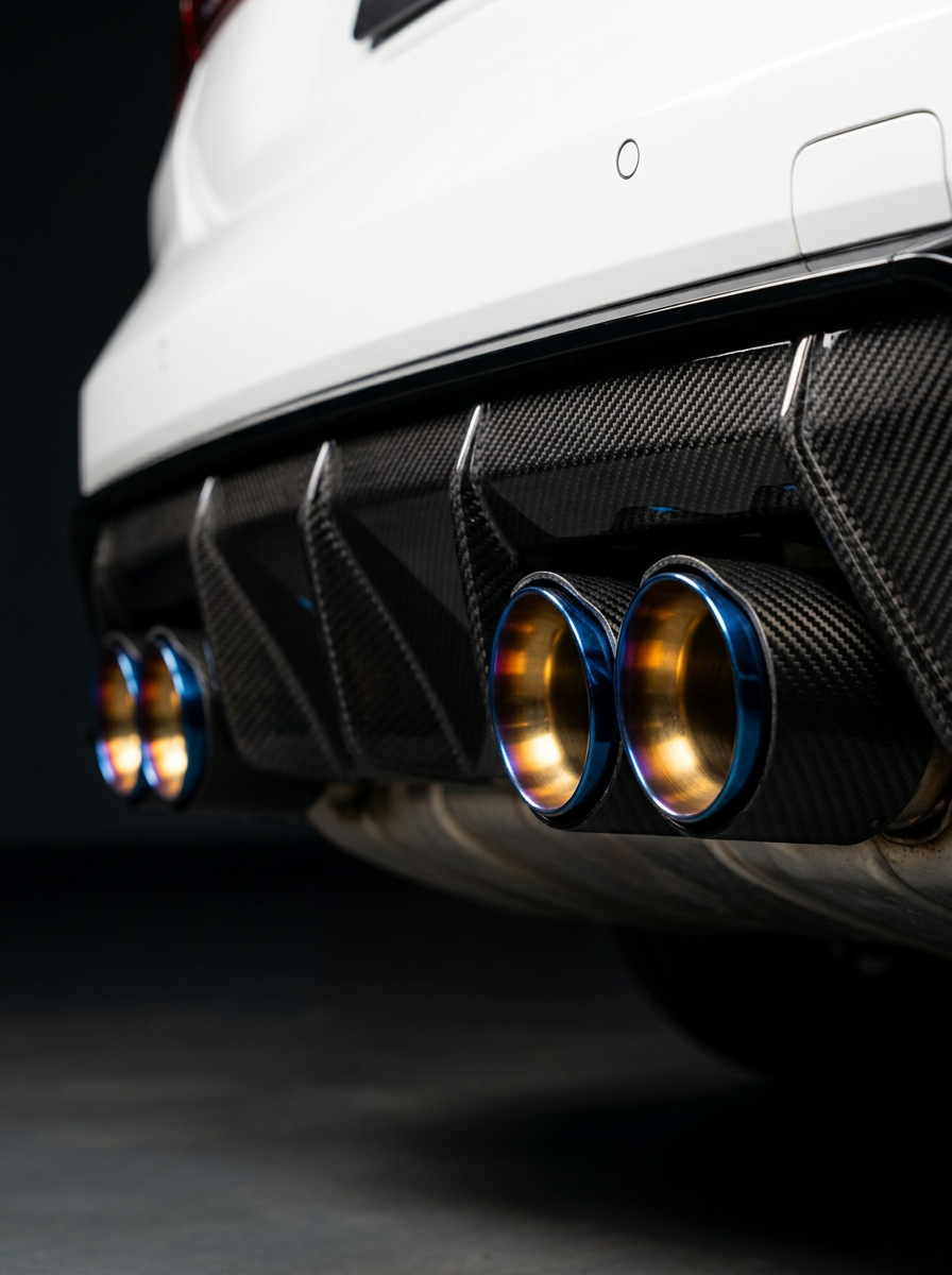 Set of four carbon fiber exhaust tips for BMW M series, 60-80mm inlet, featuring sleek black finish and sporty design by K2 Industries.