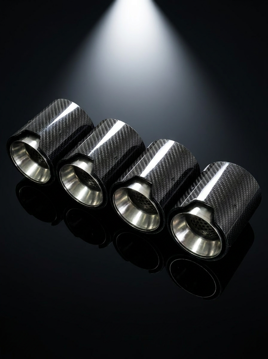 Set of four black carbon fiber exhaust tips for BMW M series, 60-80mm inlet, compatible with F and G series models.