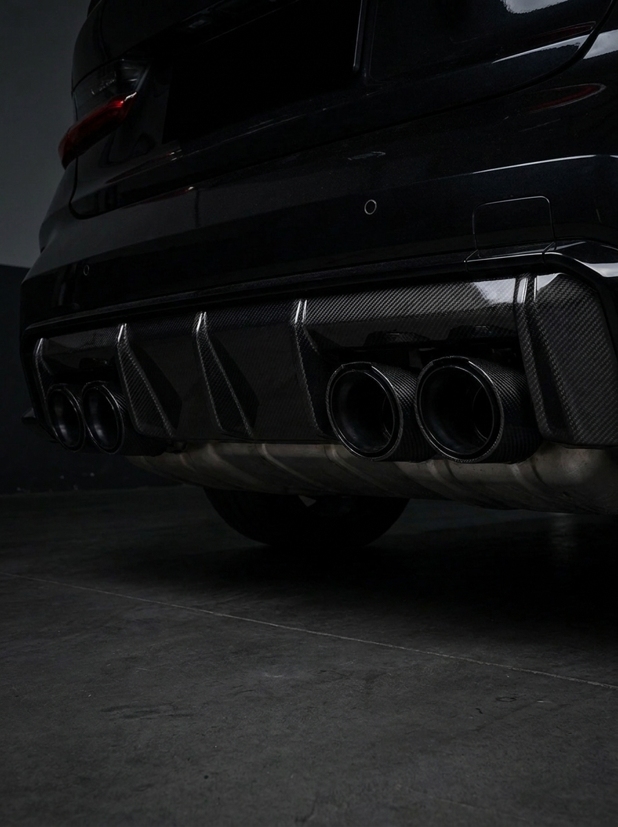 Set of four K2 Industries carbon fiber exhaust tips for BMW M Series, featuring 60-80mm inlet, designed for F and G series models.