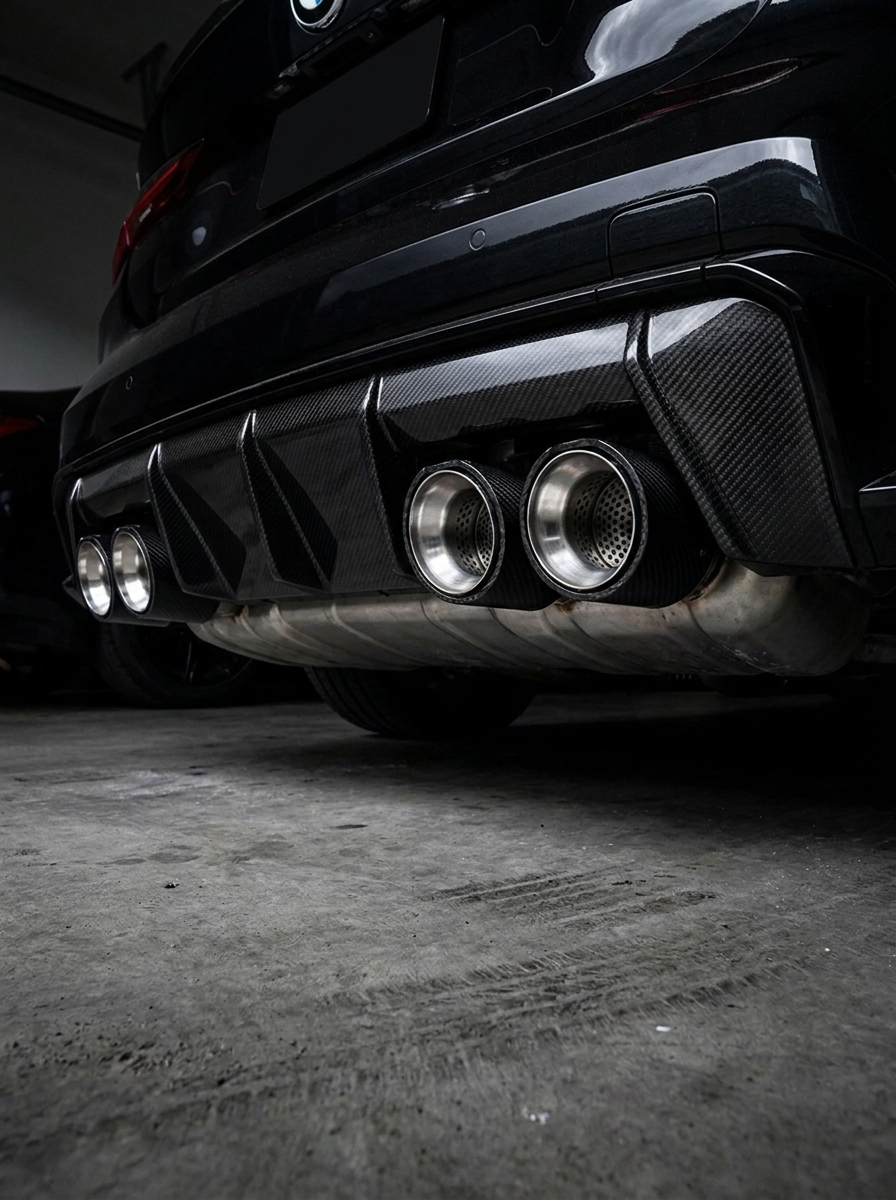 Set of four carbon fiber exhaust tips for BMW M series, featuring sleek black finish and 60-80mm inlet size, by K2 Industries.
