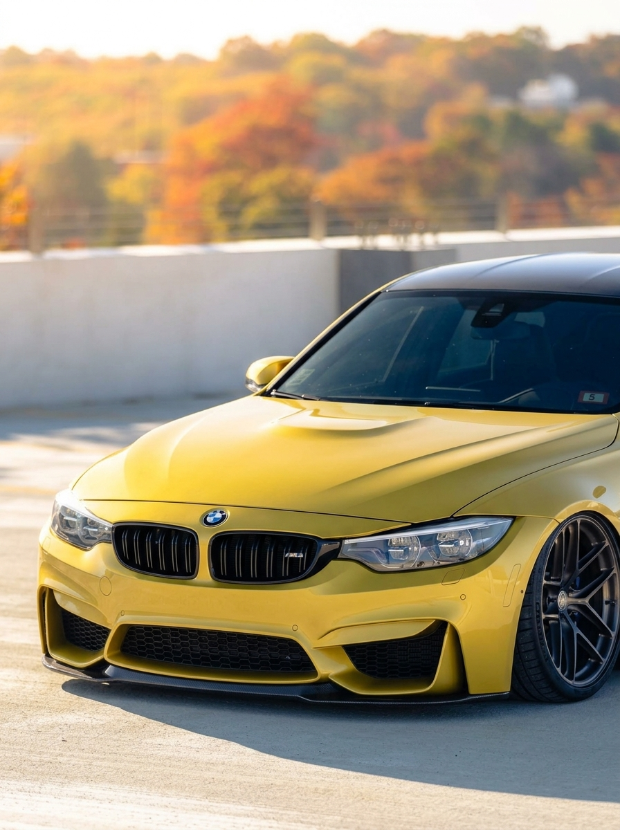 BMW 3 Series F80 M3, F82 M4 CS style carbon fiber front lip by K2 Industries, aerodynamic design for sporty front end enhancement.