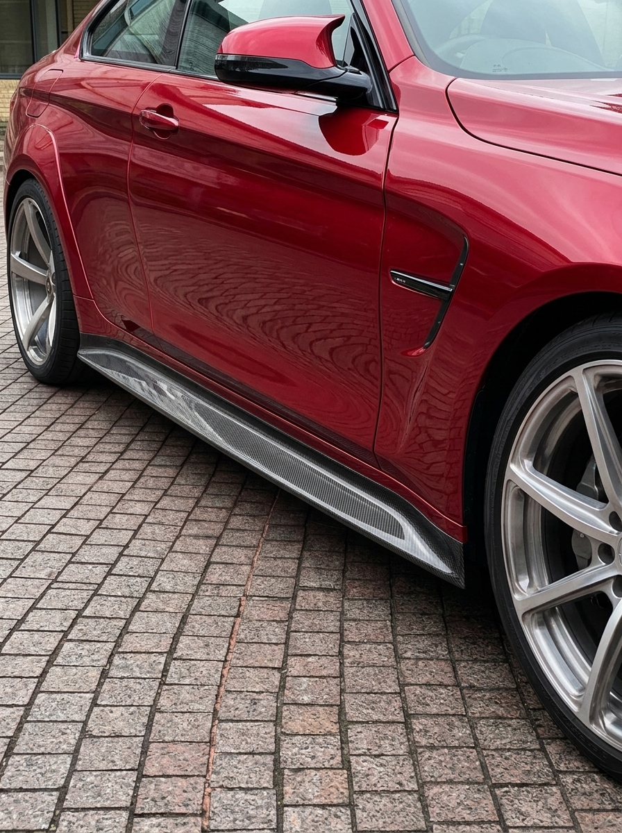 BMW M3 G80 Competition side skirts in pre-preg dry carbon fiber by K2 Industries, showcasing sleek aerodynamic design.