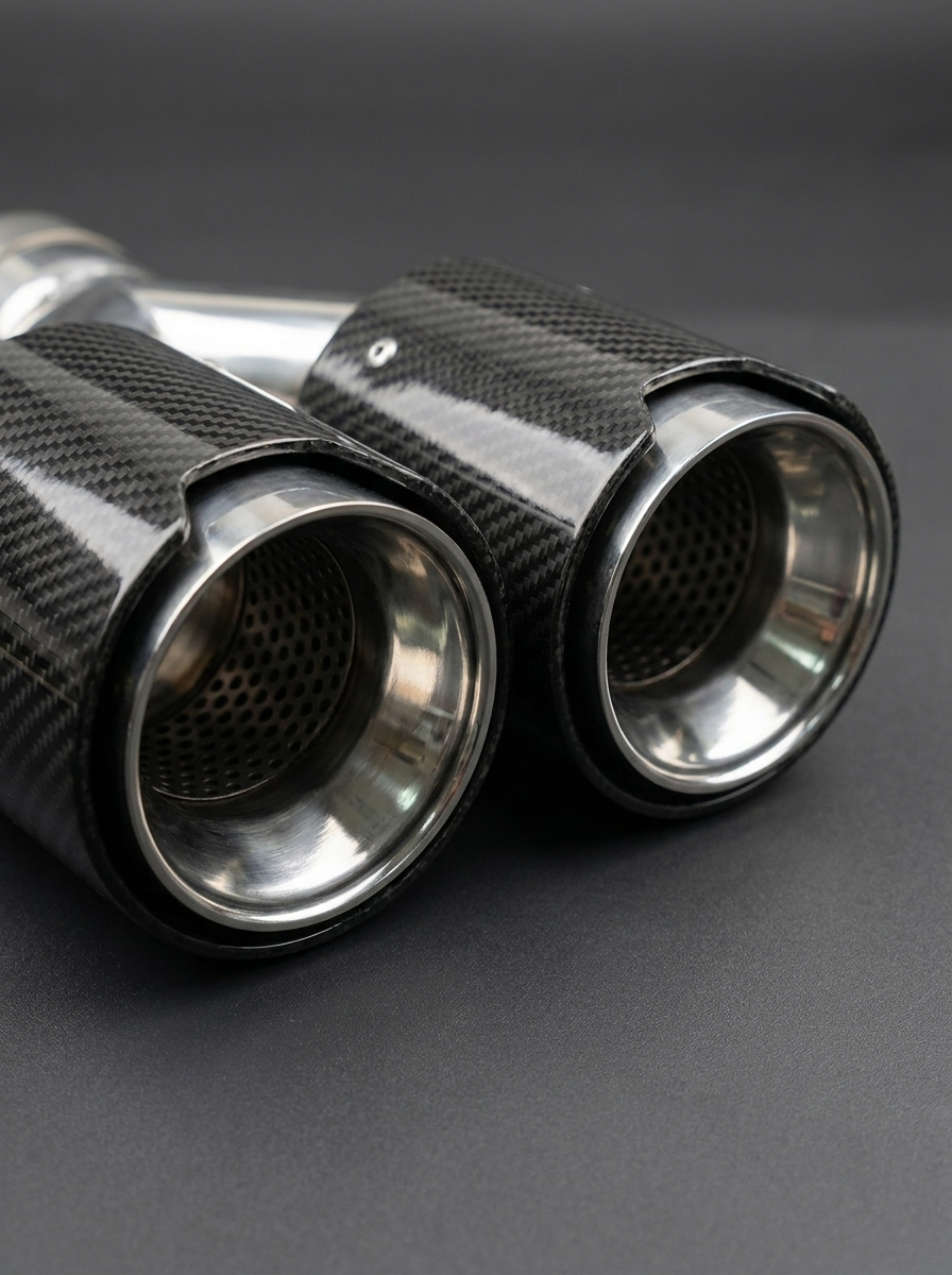BMW universal fit carbon fiber dual muffler tips by K2 Industries, showcasing sleek black carbon fiber finish and polished metal tips.