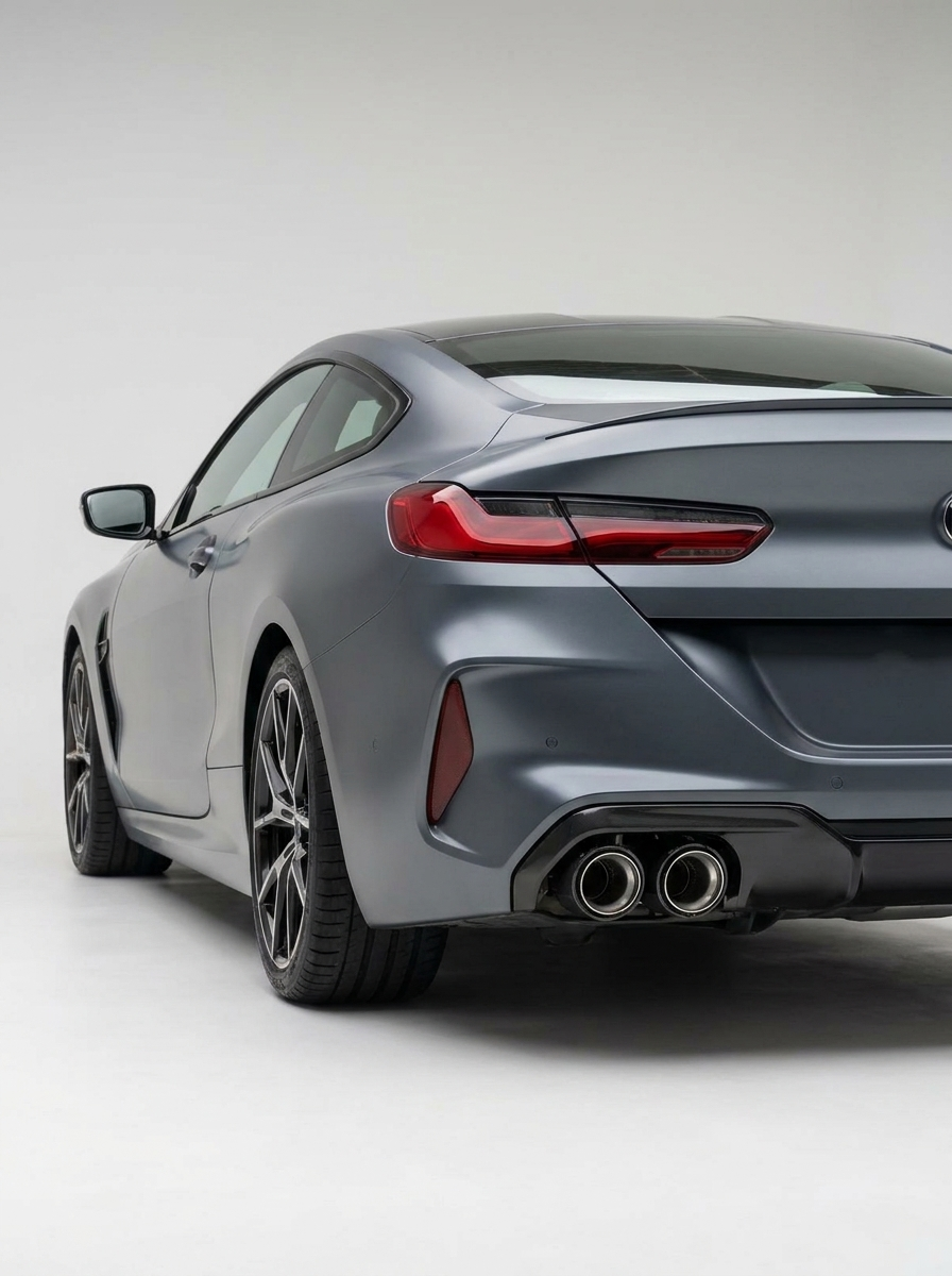 BMW universal fit carbon fiber muffler tips by K2 Industries, showcasing sleek, dual exhaust tips with a carbon fiber finish
