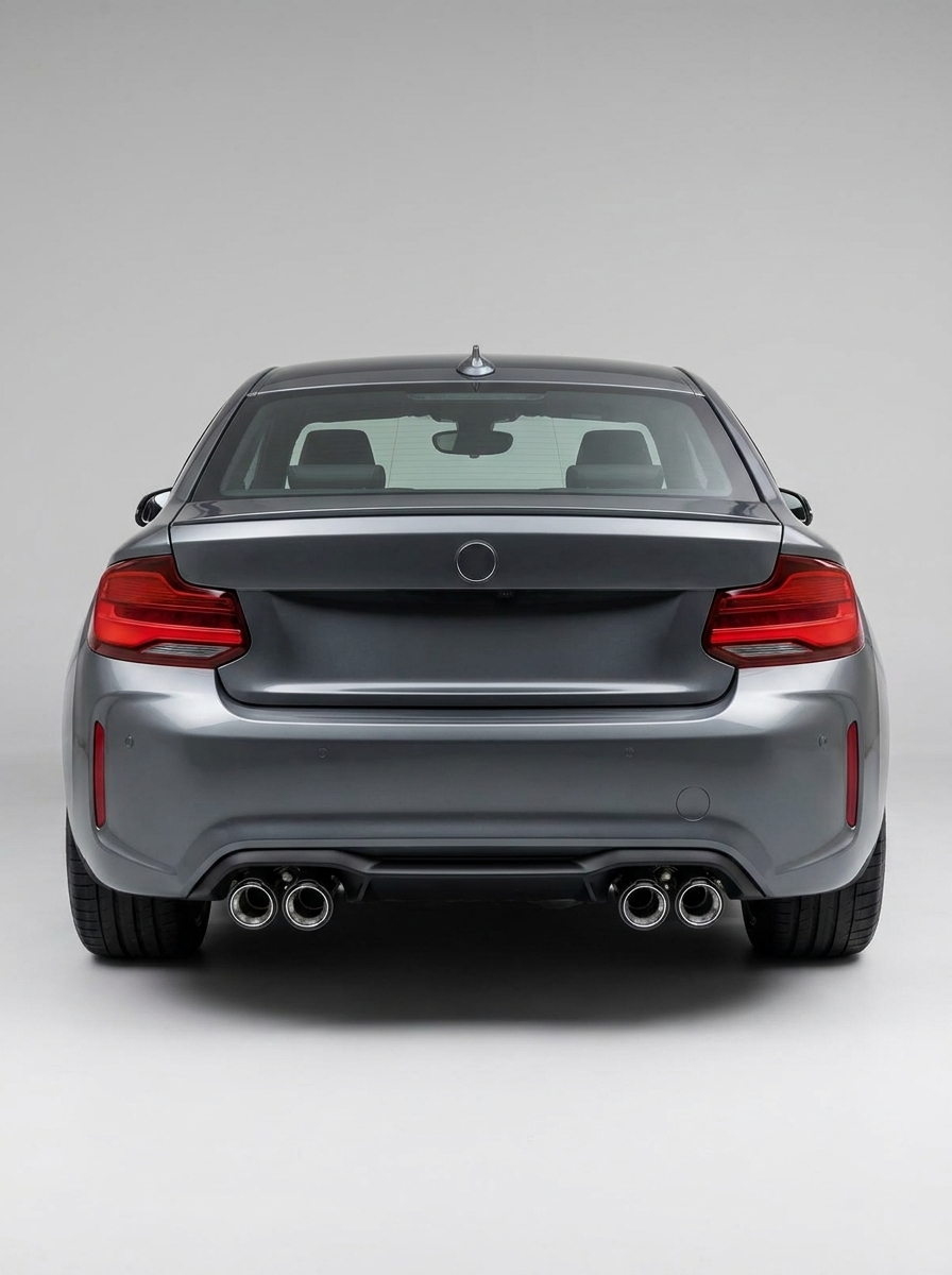 BMW universal fit carbon fiber dual muffler tips by K2 Industries, showing sleek, shiny carbon fiber tips attached to a vehicle.