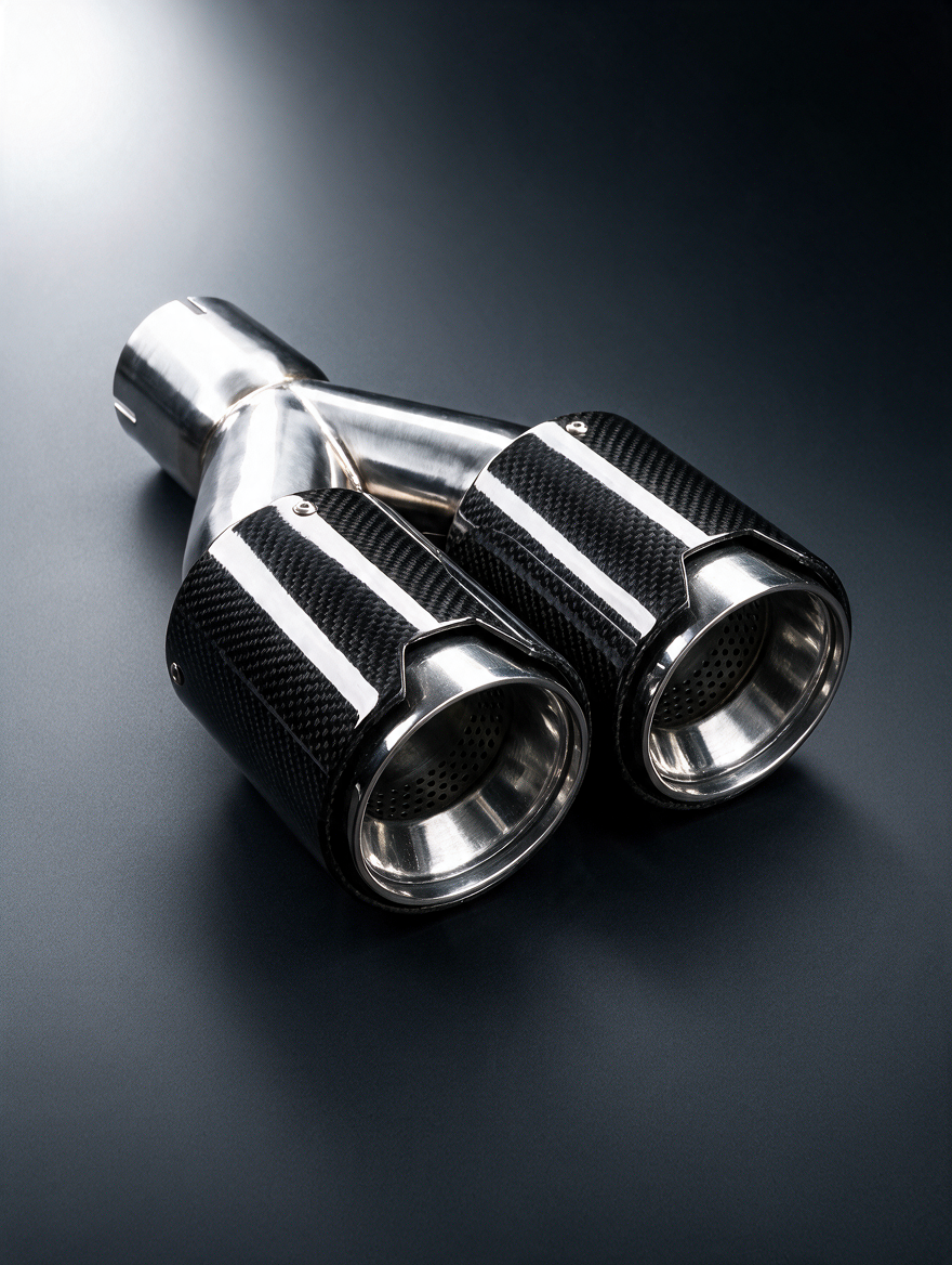BMW universal fit carbon fiber muffler tips by K2 Industries, showcasing sleek black carbon fiber finish and dual exhaust outlets.