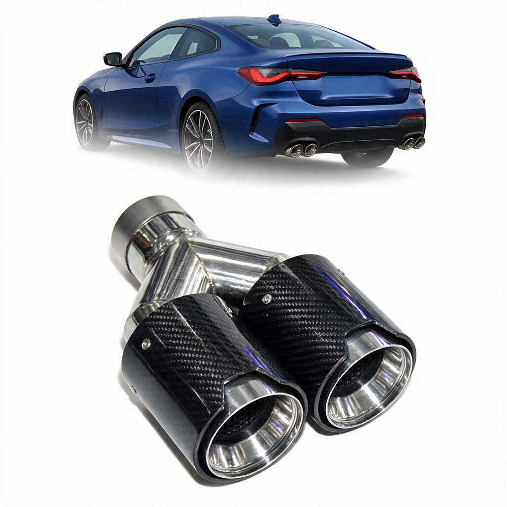 BMW universal fit carbon fiber dual muffler tips from K2 Industries, showcasing sleek black carbon fiber finish and polished metal tips.