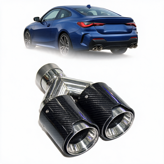 BMW universal fit carbon fiber dual muffler tips from K2 Industries, showcasing sleek black carbon fiber finish and polished metal tips.