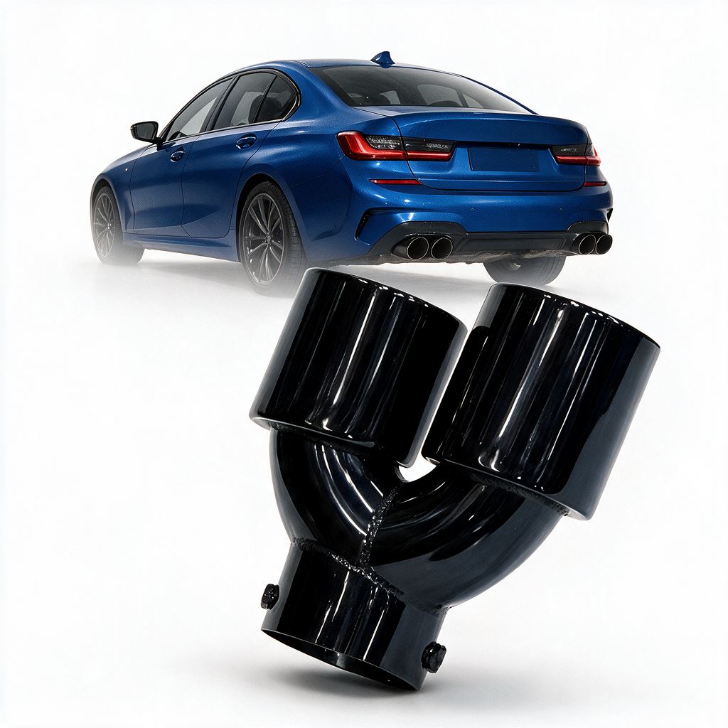 BMW 2/3/4 Series G42 G20 G21 G23 black stainless steel dual muffler tips by K2 Industries, shown installed on vehicle.