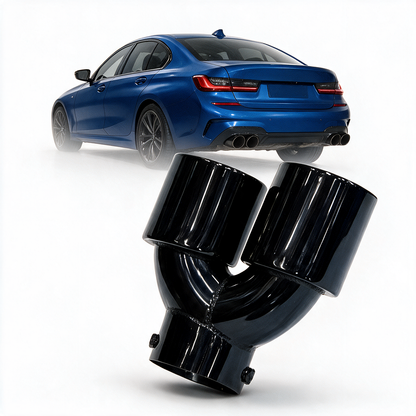 BMW 2/3/4 Series G42 G20 G21 G23 black stainless steel dual muffler tips by K2 Industries, shown installed on vehicle.