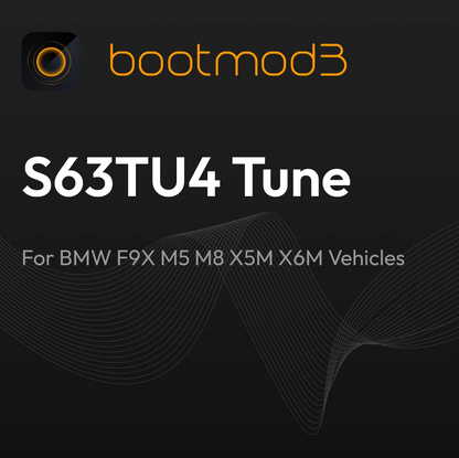 Bootmod3 S63TU4 tuning for BMW F9X M5 M8 X5M X6M vehicles, showcasing the engine bay with tuned components and branding.