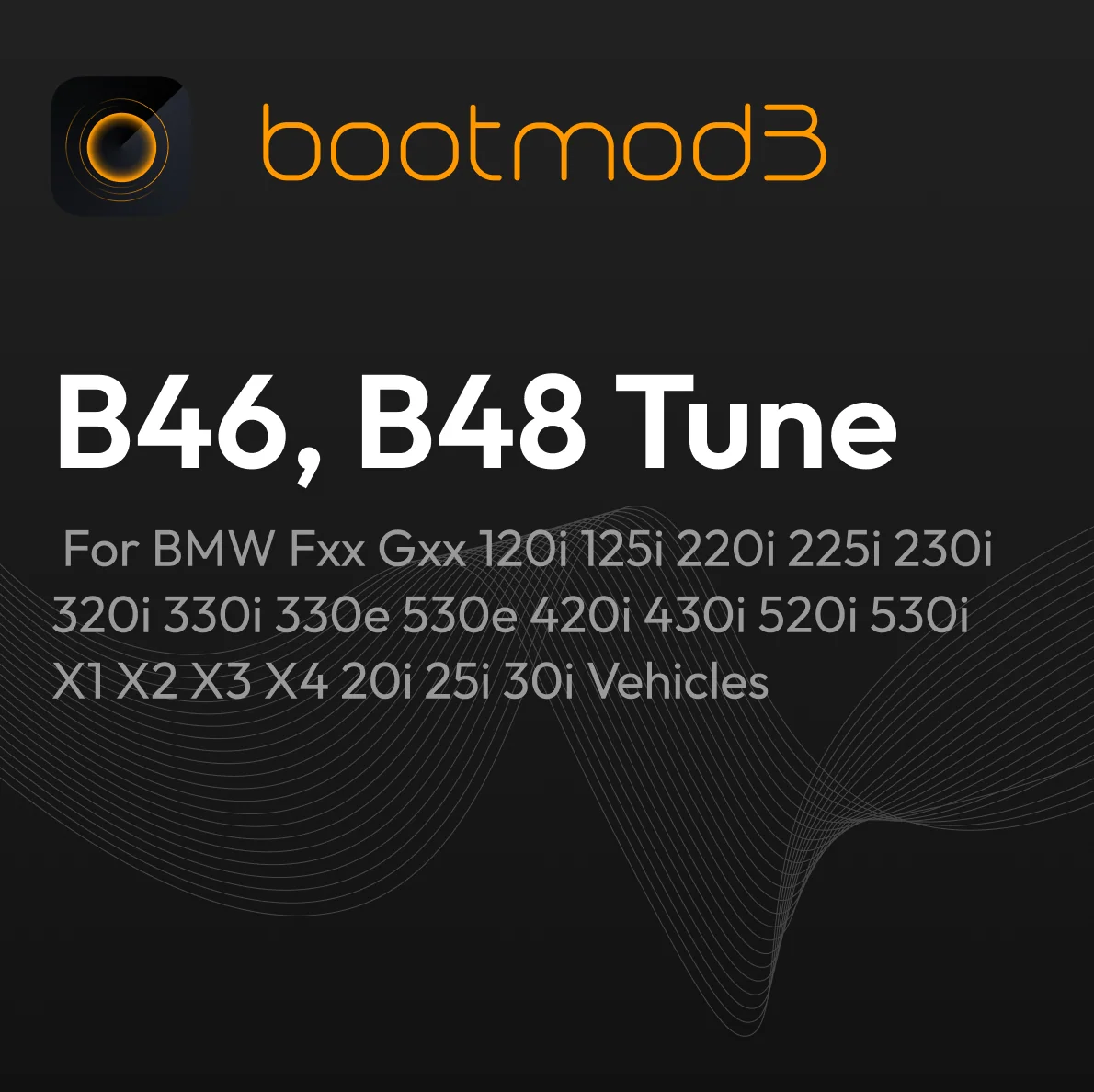 bootmod3 B48 B46 tuning for BMW Fxx Gxx series, showing a close-up of the BMW engine bay with tuning hardware installed