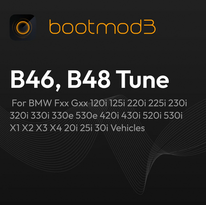 bootmod3 B48 B46 tuning for BMW Fxx Gxx series, showing a close-up of the BMW engine bay with tuning hardware installed