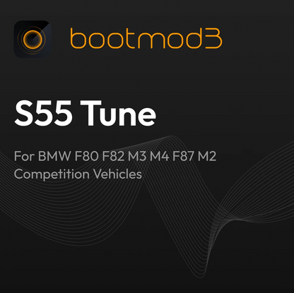 Bootmod3 S55 Tune for BMW F80 F82 M3 M4 F87 M2 Competition vehicles, showcasing the tuning interface on a screen.