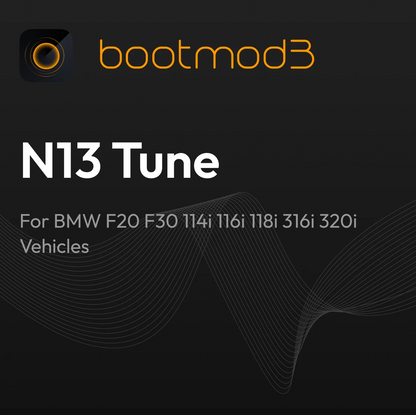 BOOTMOD3 N13 tuning module for BMW F20 F30 114i 116i 118i 316i 320i engine control unit, installed in a BMW vehicle.