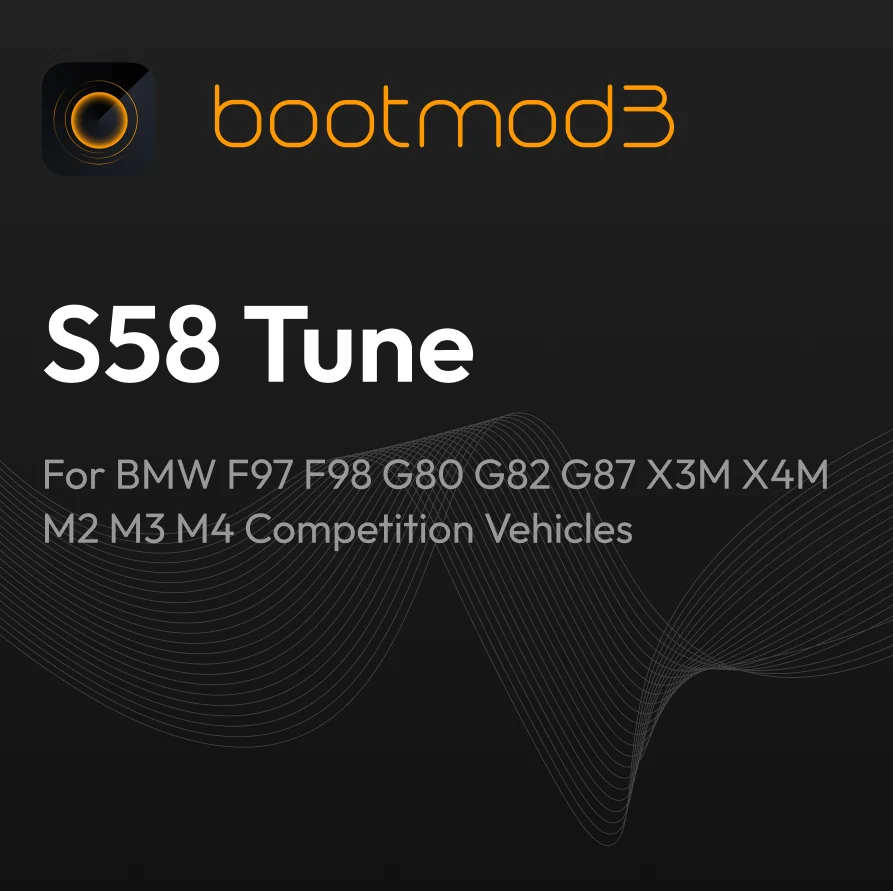 Bootmod3 S58 Tune for BMW M vehicles including F97, G80, G82, X3M, X4M, M2, M3, M4, featuring engine tuning software.