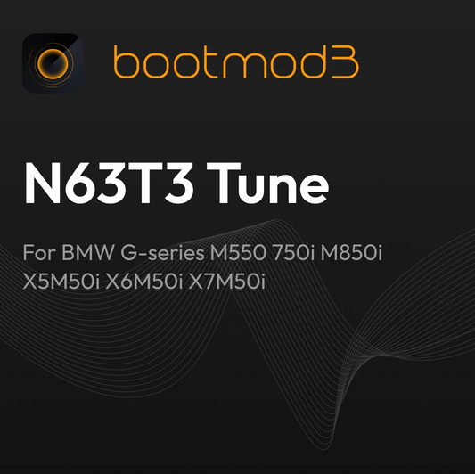 Bootmod3 N63T3 tuning software for BMW G-series M550, 750i, M850i, X5M50i, X6M50i, X7M50i models, installed on vehicle dashboard.