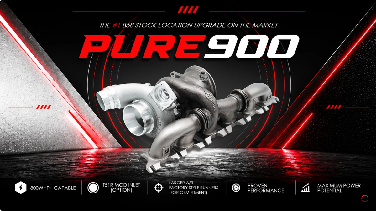 Pure900 BMW B58 Gen 2 tuning module by BOOTMOD3 Tuning USA, with close-up view of device connected to a vehicle engine.