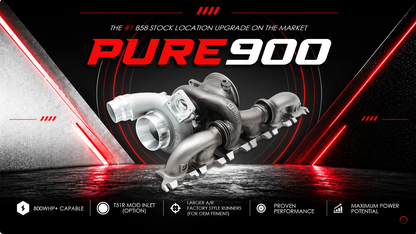 Pure900 BMW B58 Gen 2 tuning module by BOOTMOD3 Tuning USA, with close-up view of device connected to a vehicle engine.