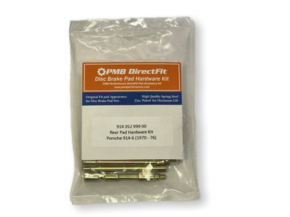 Porsche 914-6 rear pad hardware kit by PMB Performance, featuring metal clips and components for brake pad installation.
