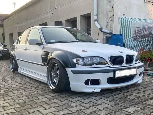 BMW 3-Series E46 sedan full JDM body kit in ABS plastic by K2 Industries, shown on a 1997-2006 model with front and rear components.