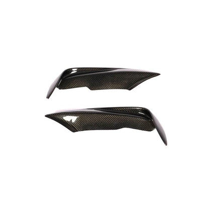 Carbon fiber BMW F30 F31 F35 M Sport front bumper canards for fog light splitter, designed by K2 Industries, installed on vehicle.