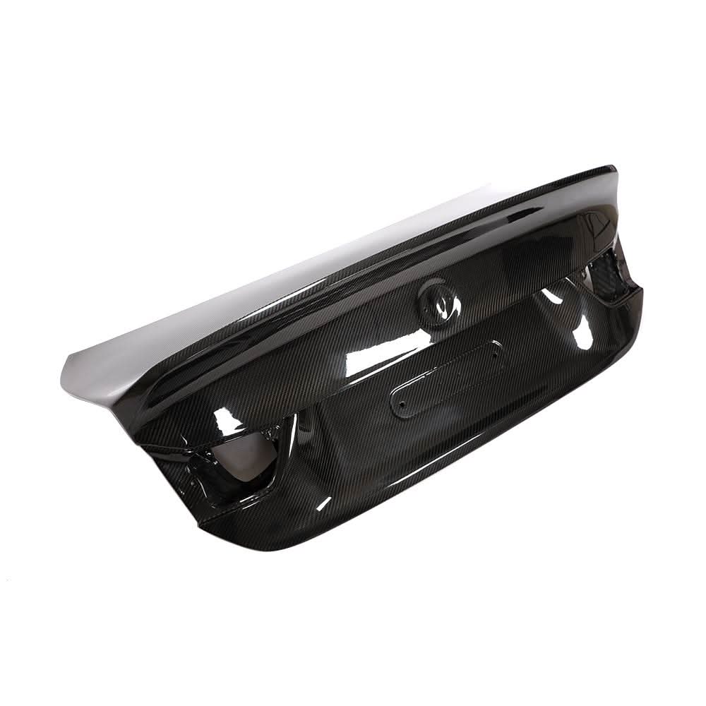 Carbon fiber trunk lid with high ducktail for BMW F32 F82 M4 Coupe, featuring performance design from K2 Industries.