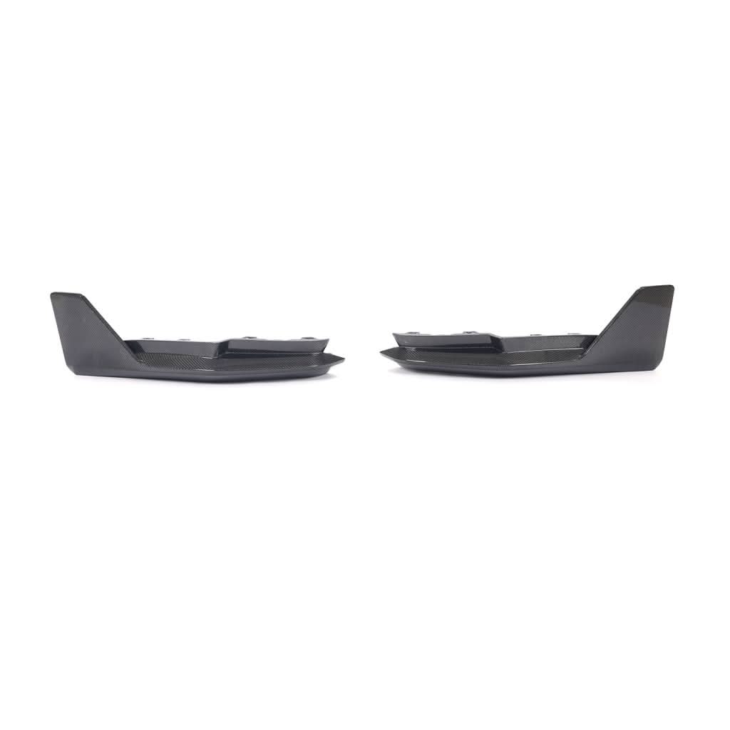 Pair of dry carbon fiber front splitter winglets for BMW G80 M3 and G82/G83 M4 Competition by K2 Industries, shown on the car.