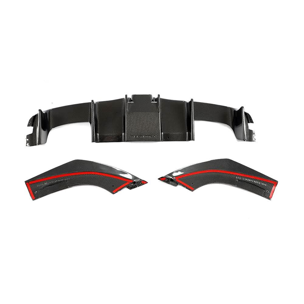Gloss carbon fiber rear diffuser for BMW M2 F87 and M2 Competition, showcasing aerodynamic design and quality craftsmanship.