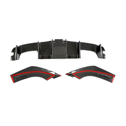 Gloss carbon fiber rear diffuser for BMW M2 F87 and M2 Competition, showcasing aerodynamic design and quality craftsmanship.
