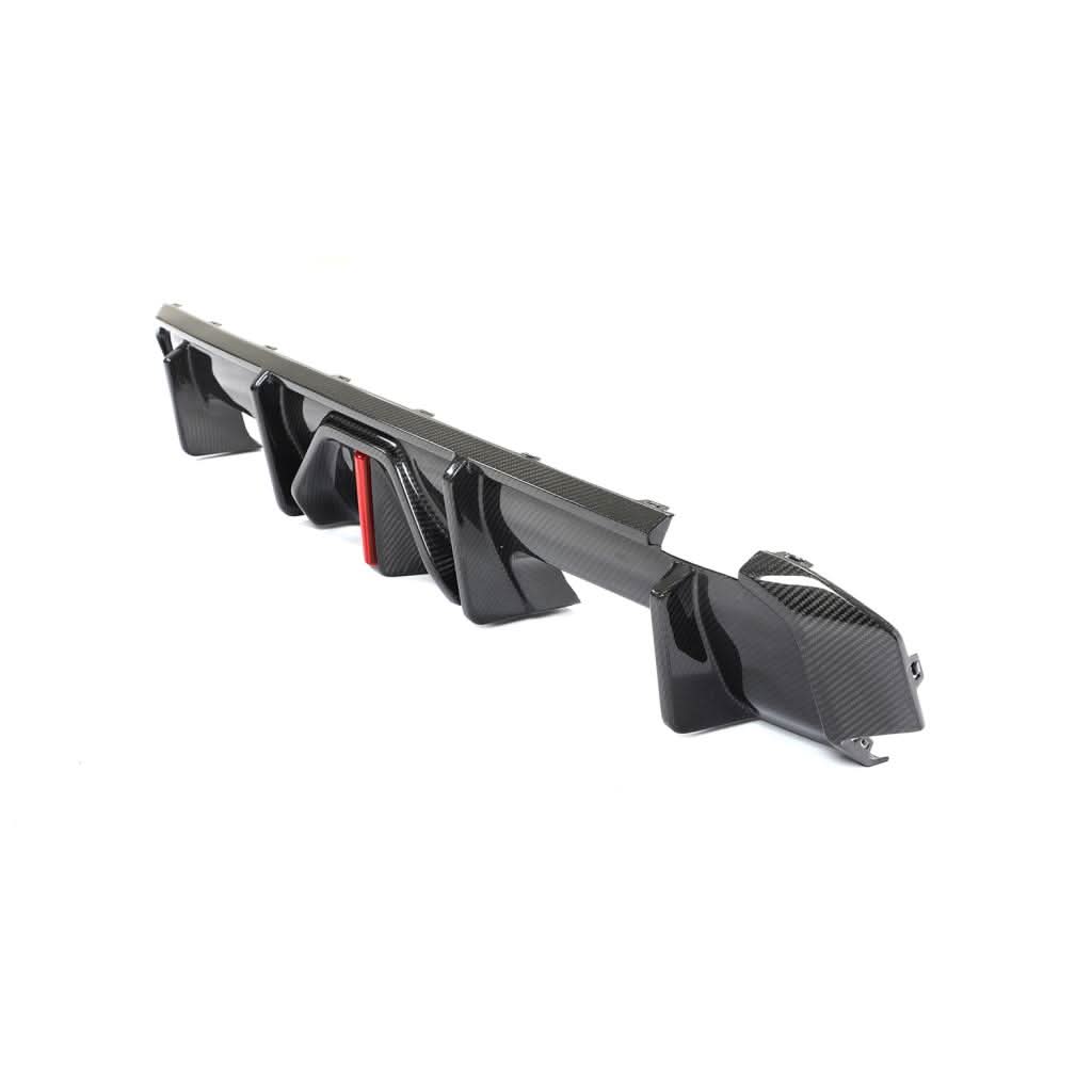 BMW G80 M3 and G82 G83 M4 Competition carbon fiber rear diffuser by K2 Industries, showcasing sleek aerodynamic design.