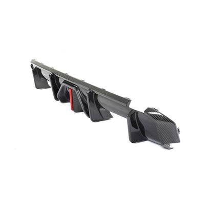 BMW G80 M3 and G82 G83 M4 Competition carbon fiber rear diffuser by K2 Industries, showcasing sleek aerodynamic design.
