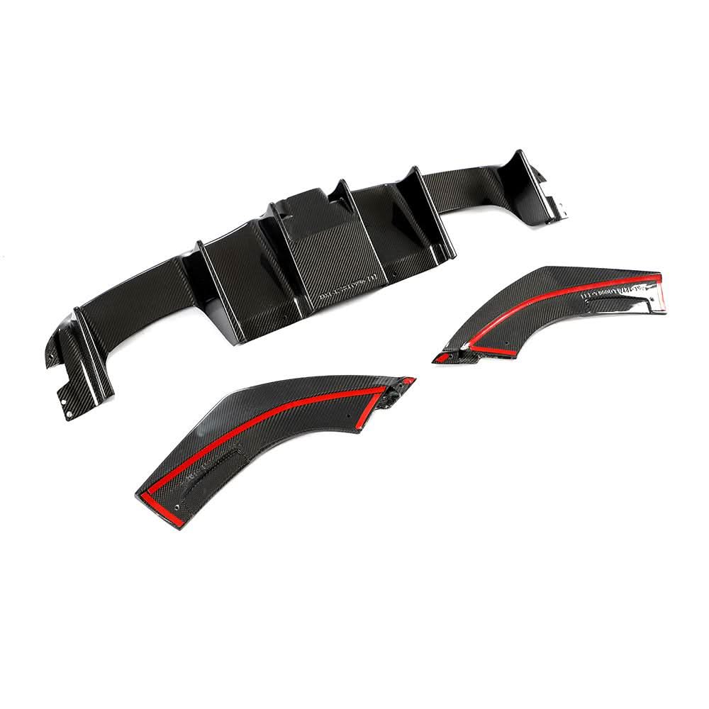 Gloss carbon fiber rear diffuser for BMW M2 F87 and M2 Competition, featuring aerodynamic design and sleek carbon fiber finish.