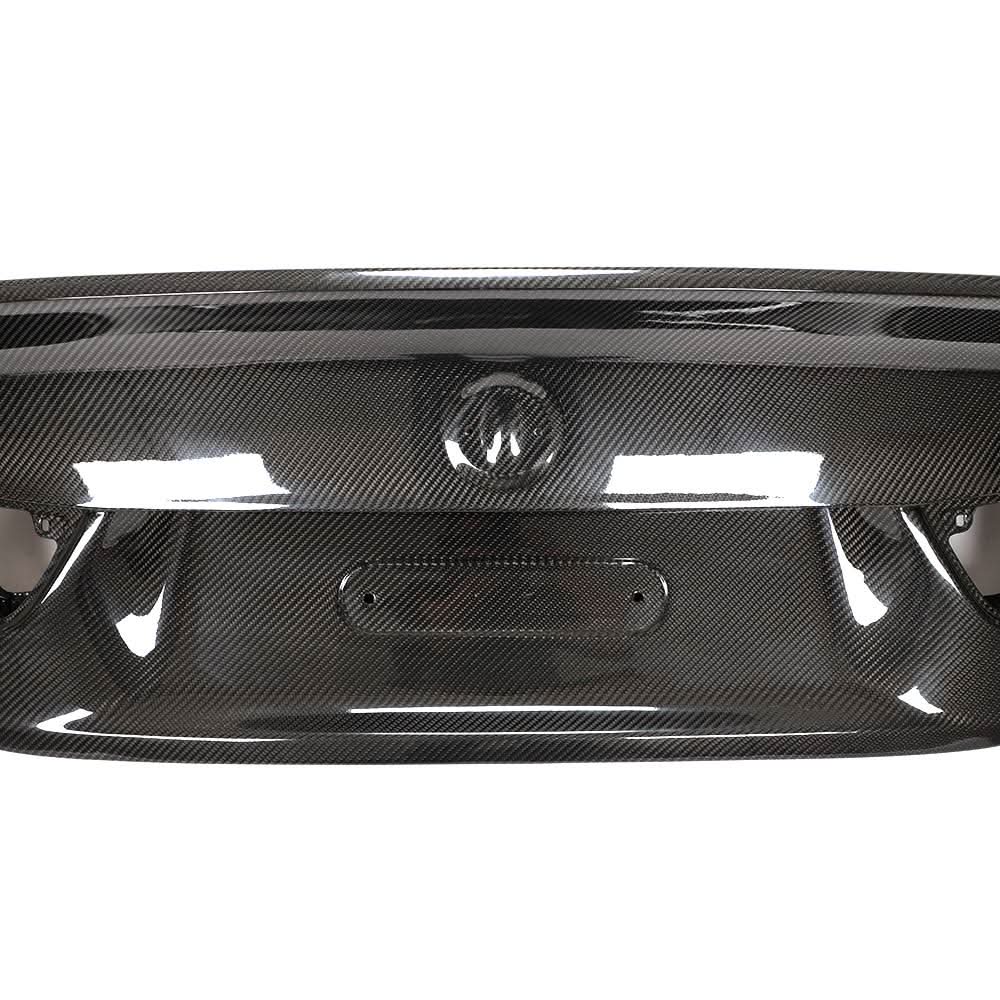 K2 Industries carbon fiber trunk lid with high ducktail for BMW F32 4-Series and F82 M4 coupe, 2014-2020, showcasing sleek design